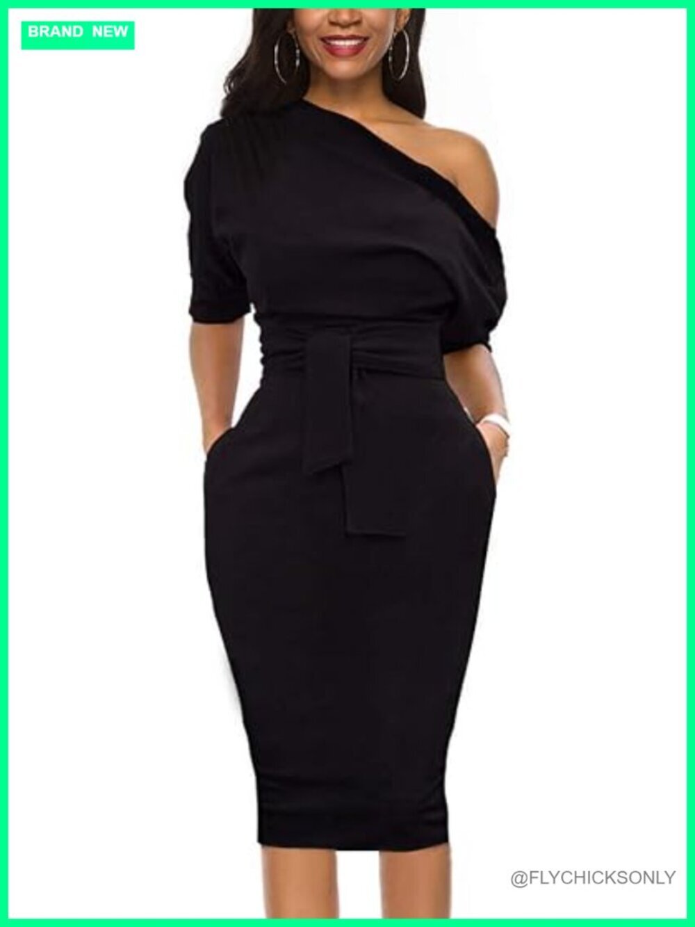 One Shoulder Belted Pencil Dress with Pockets Midi Sheath Work Dress